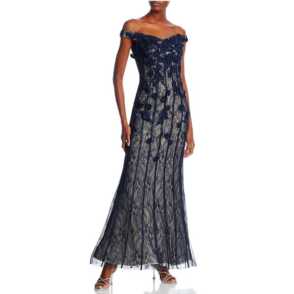 AQUA Off the Shoulder Sequined Floral Lace A-Line Evening Gown Blue Size 8 Dress - Picture 11 of 12